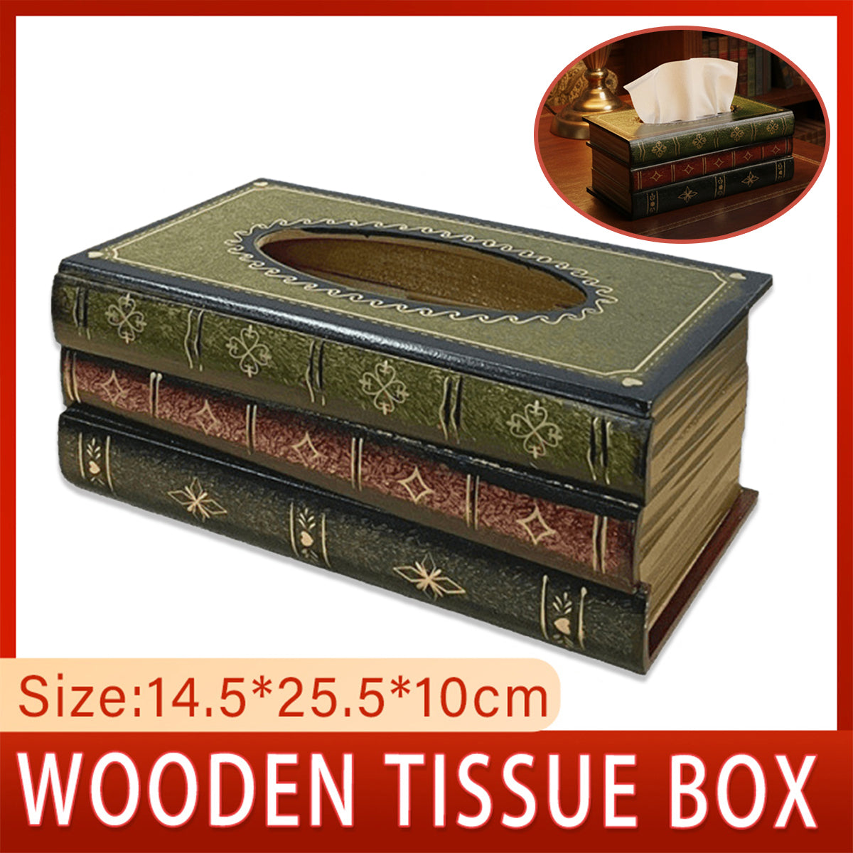 Retro Book-Shaped Wooden Tissue Box Hand-Painted