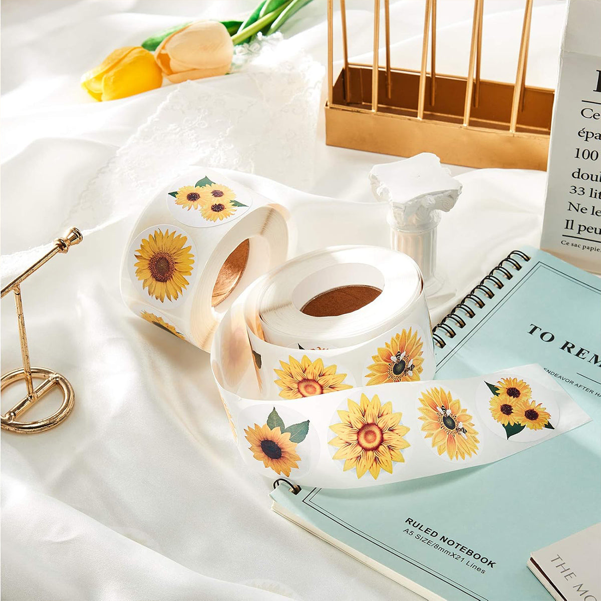 2 Rolls Sunflower Decorative Stickers Self-Adhesive Labels