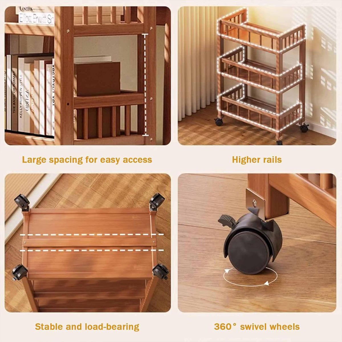 3 Tier Bamboo Movable Storage Rack with Wheels