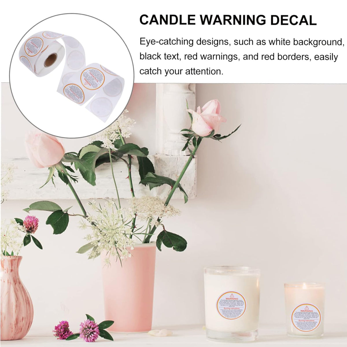 5 Rolls Candle Warning Stickers Fire Safety Decals