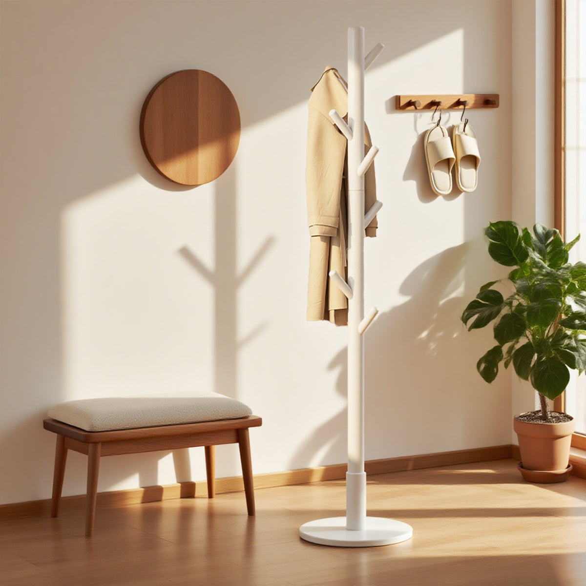 Solid Wood Clothes Hanger Floor Coat Rack with 8 Hooks