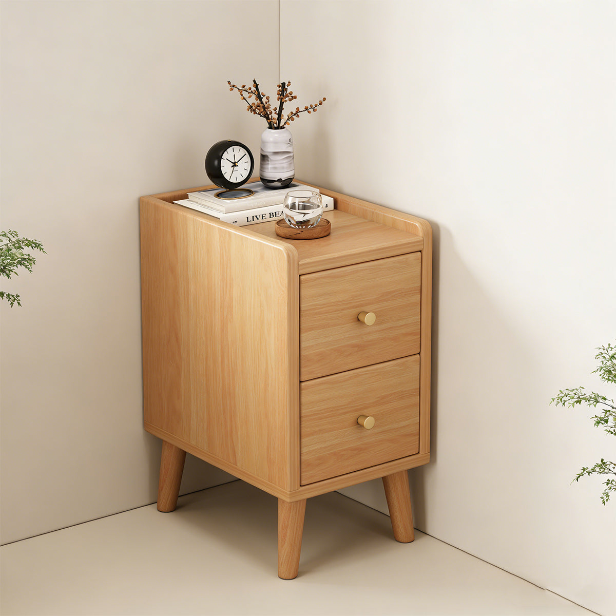 Narrow Wooden Bedside Table with 2 Drawers