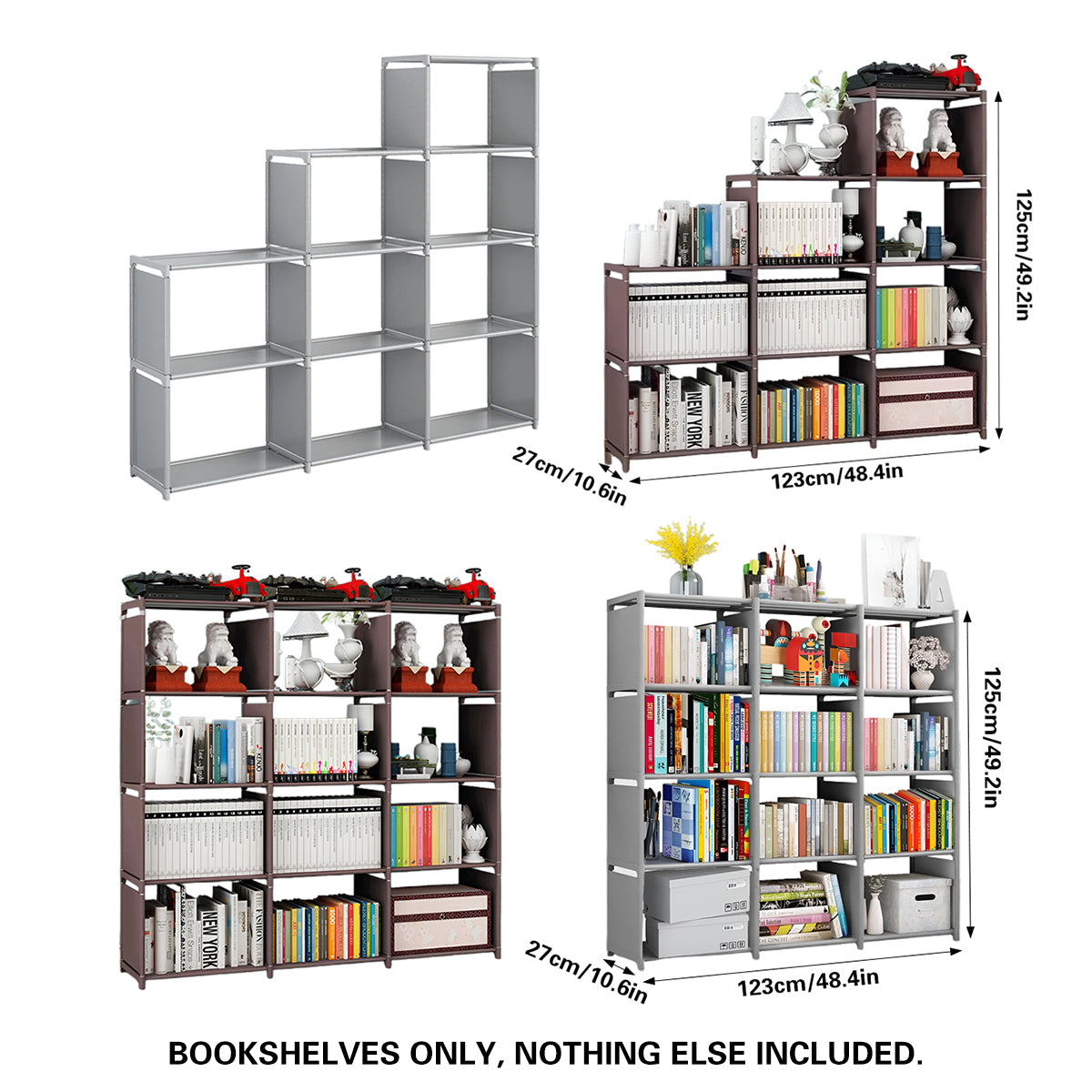 Bookshelf Storage Cabinet Steel Frame 9 or 12 Compartments