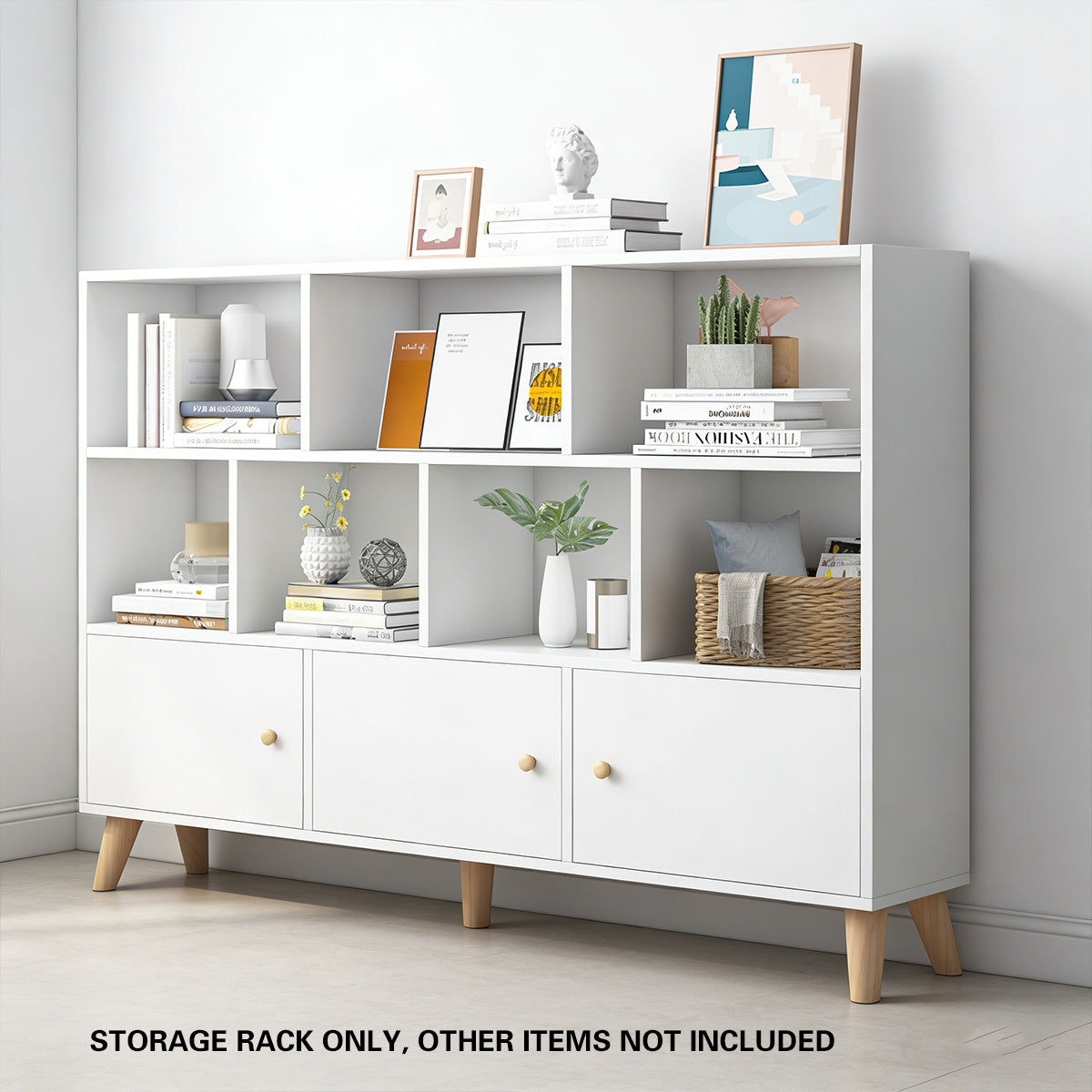 White Bookcase Storage Cabinet with Doors and Legs