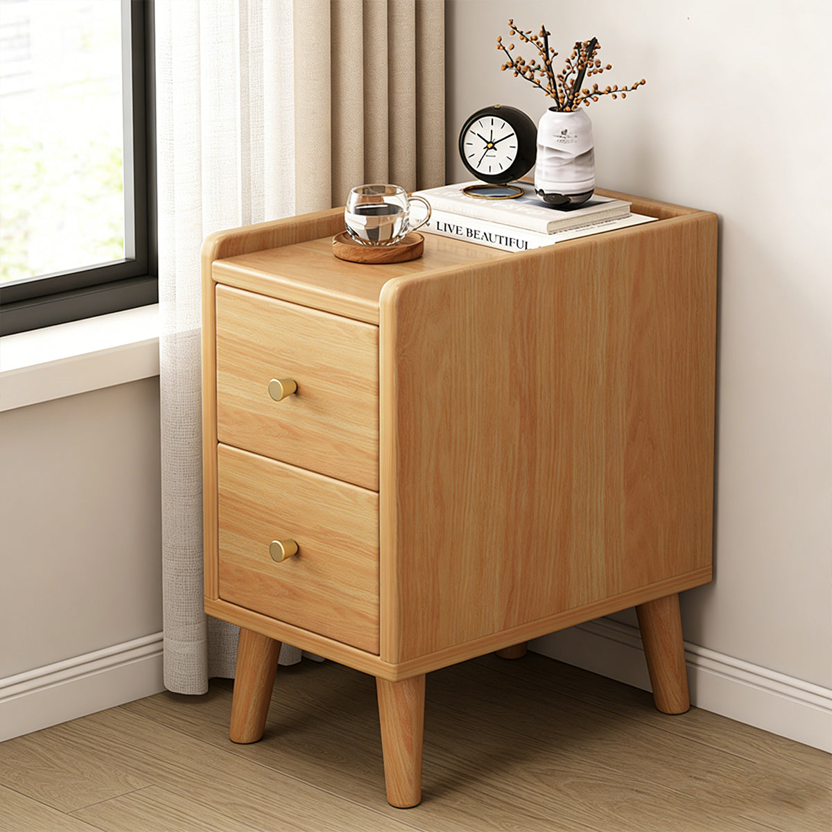 Narrow Wooden Bedside Table with 2 Drawers