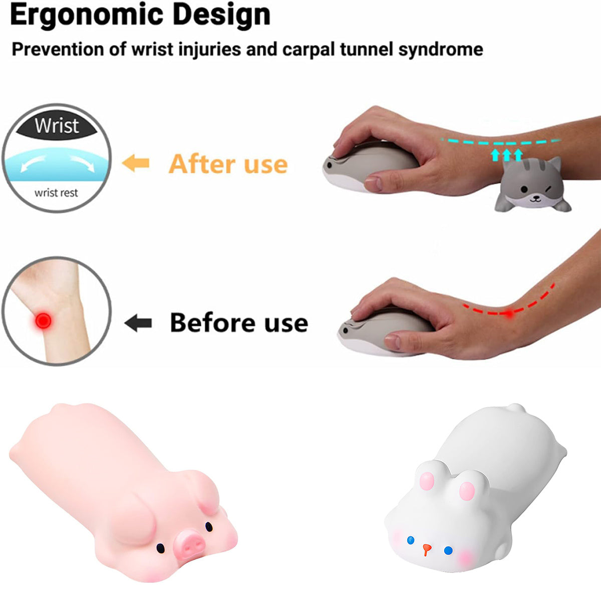 3 Pcs Mouse Wrist Rest Pads Memory Foam Cute Cat Pig Rabbit