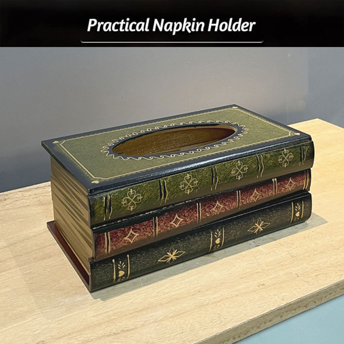 Retro Book-Shaped Wooden Tissue Box Hand-Painted