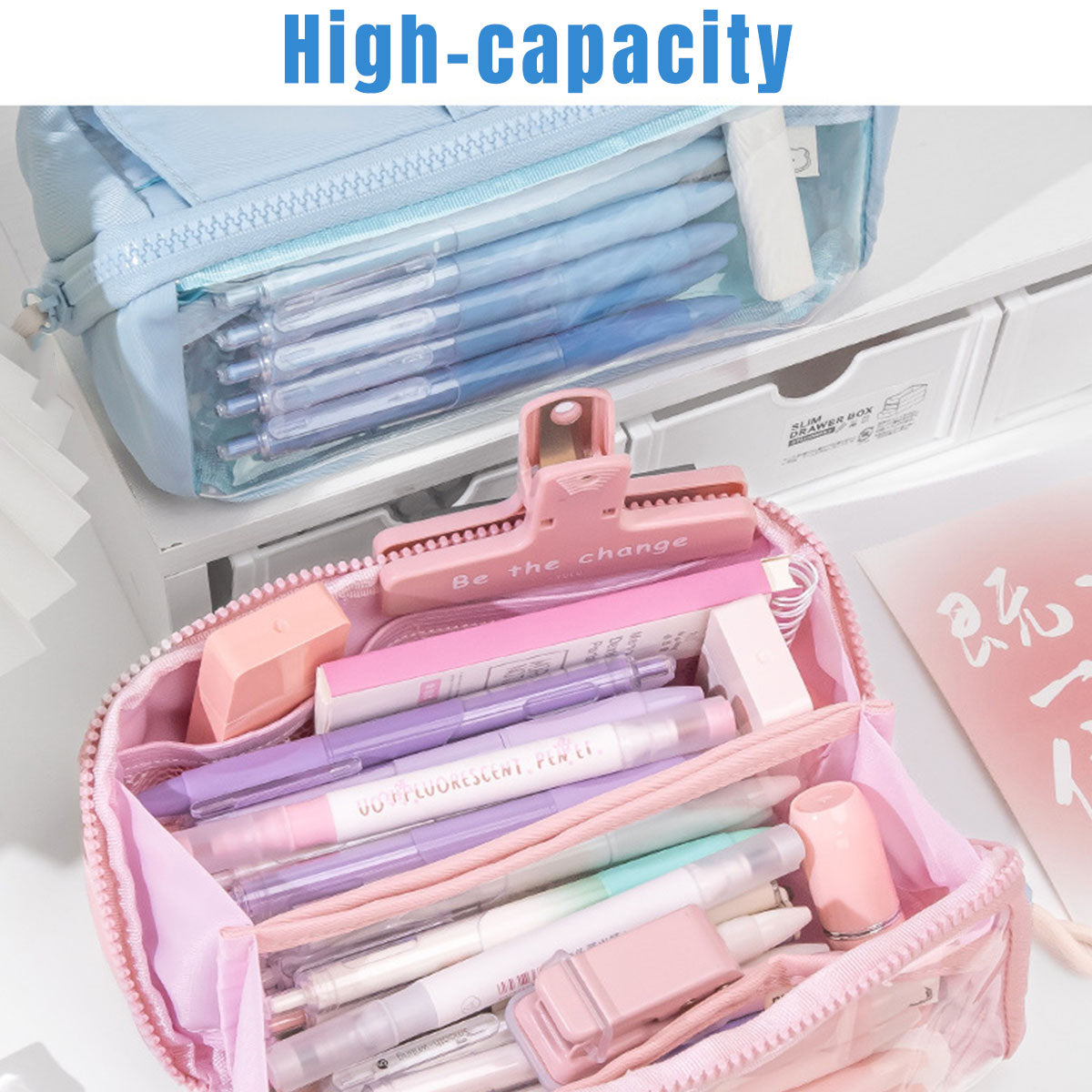 Japanese Style Stationery Bag Large Capacity with Clear Pocket