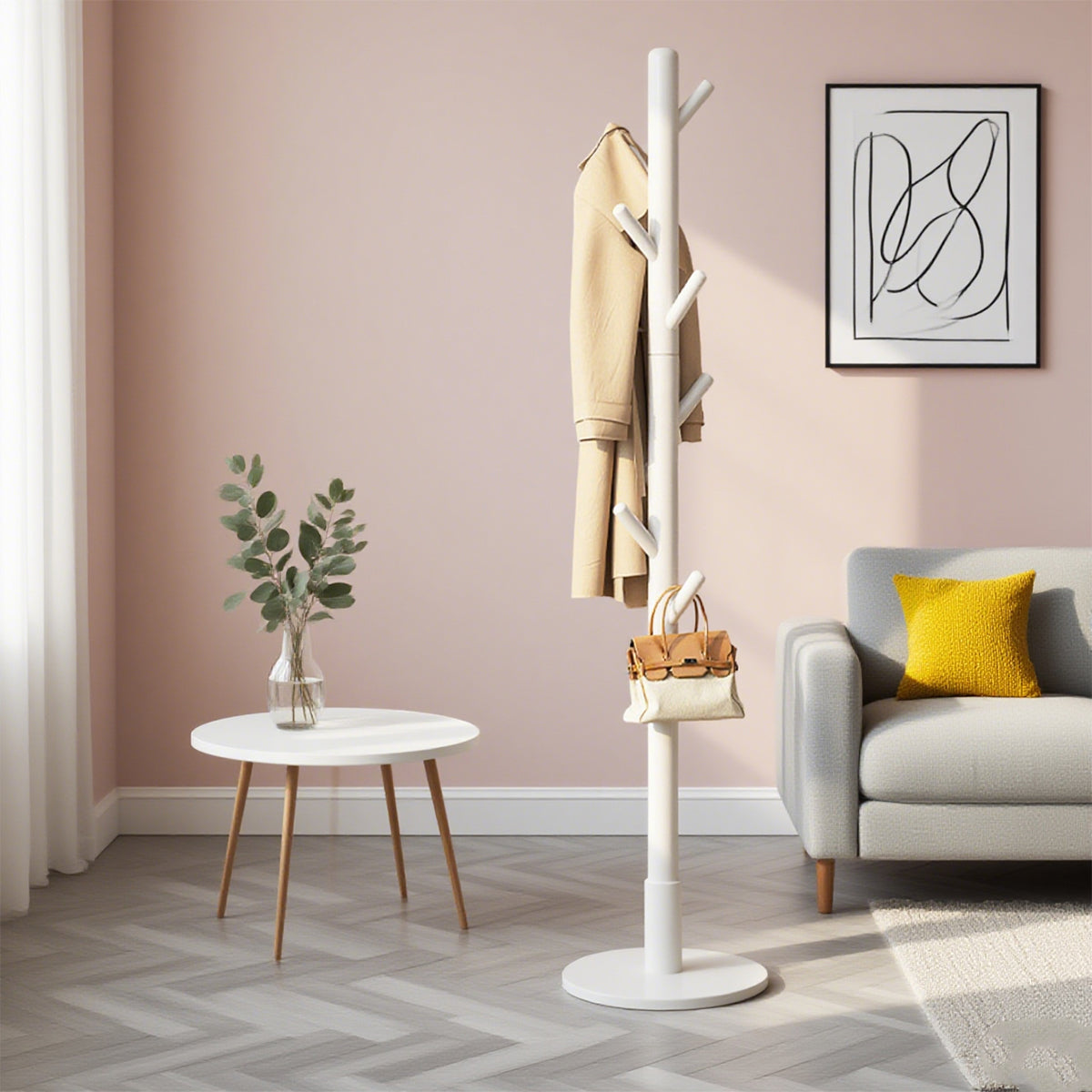 Solid Wood Clothes Hanger Floor Coat Rack with 8 Hooks