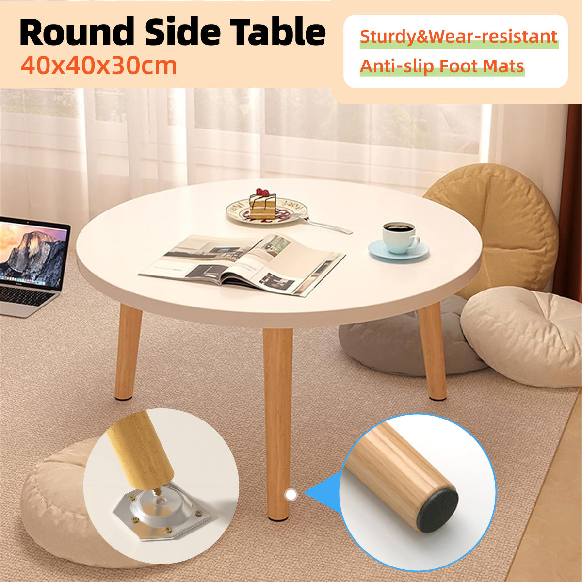 Round Side Table with Solid Wood Legs in Compact 40 × 30 cm Design