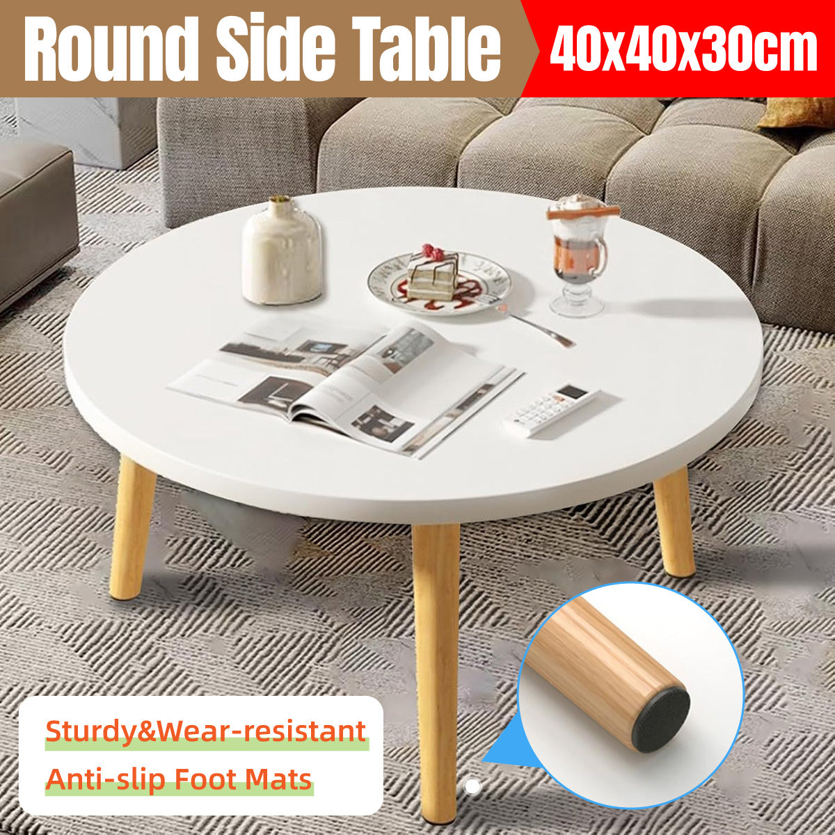 Round Side Table with Solid Wood Legs in Compact 40 × 30 cm Design