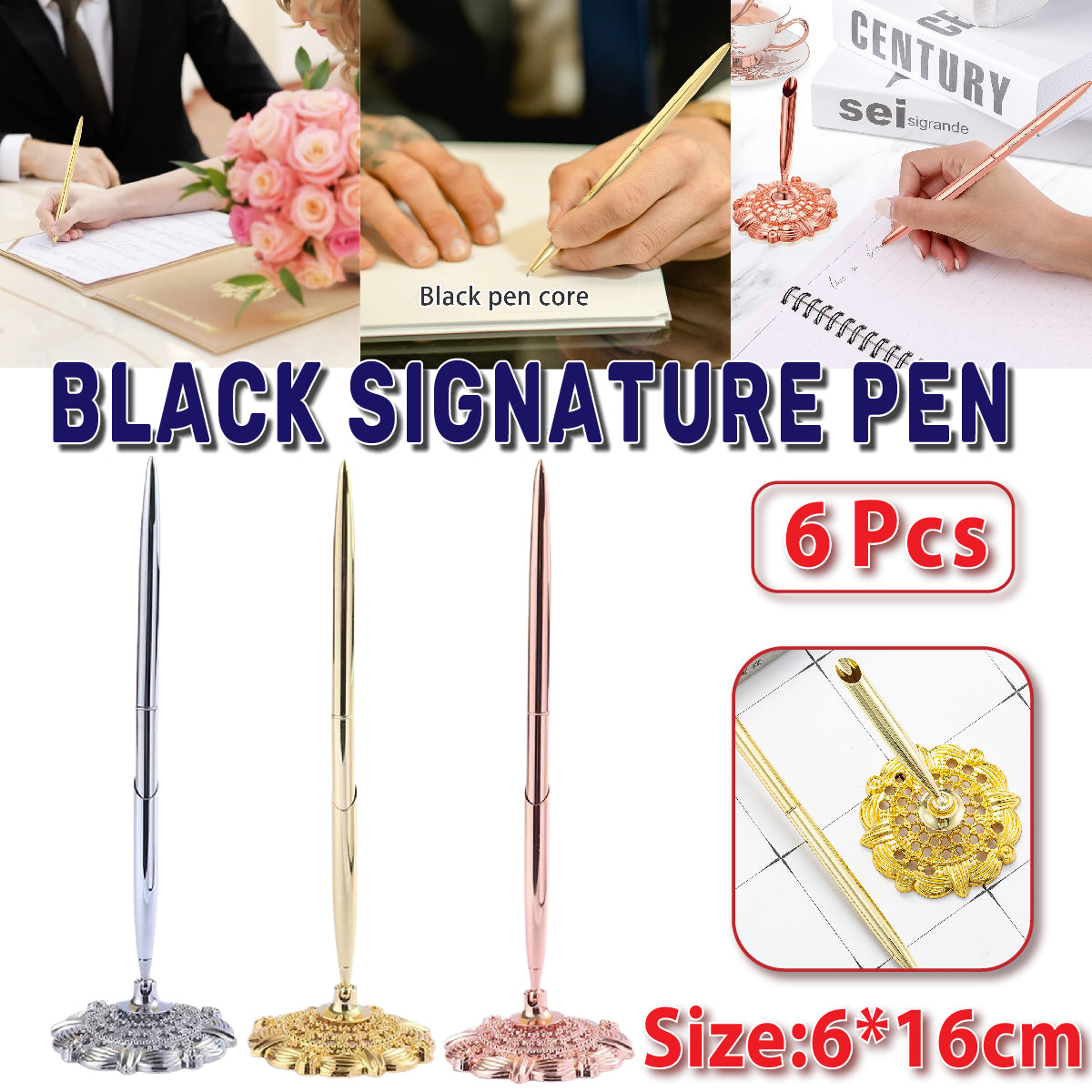 6 Pcs Ballpoint Pen Set with Plum Blossom Base Metal