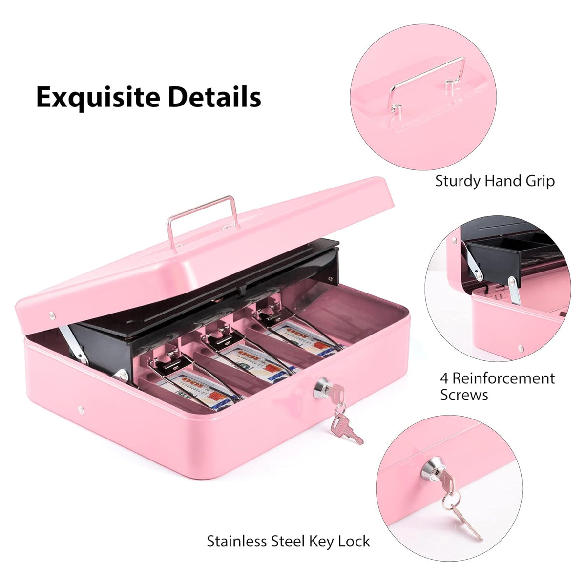 Metal Cash Box with Key Lock for Retail Money Storage