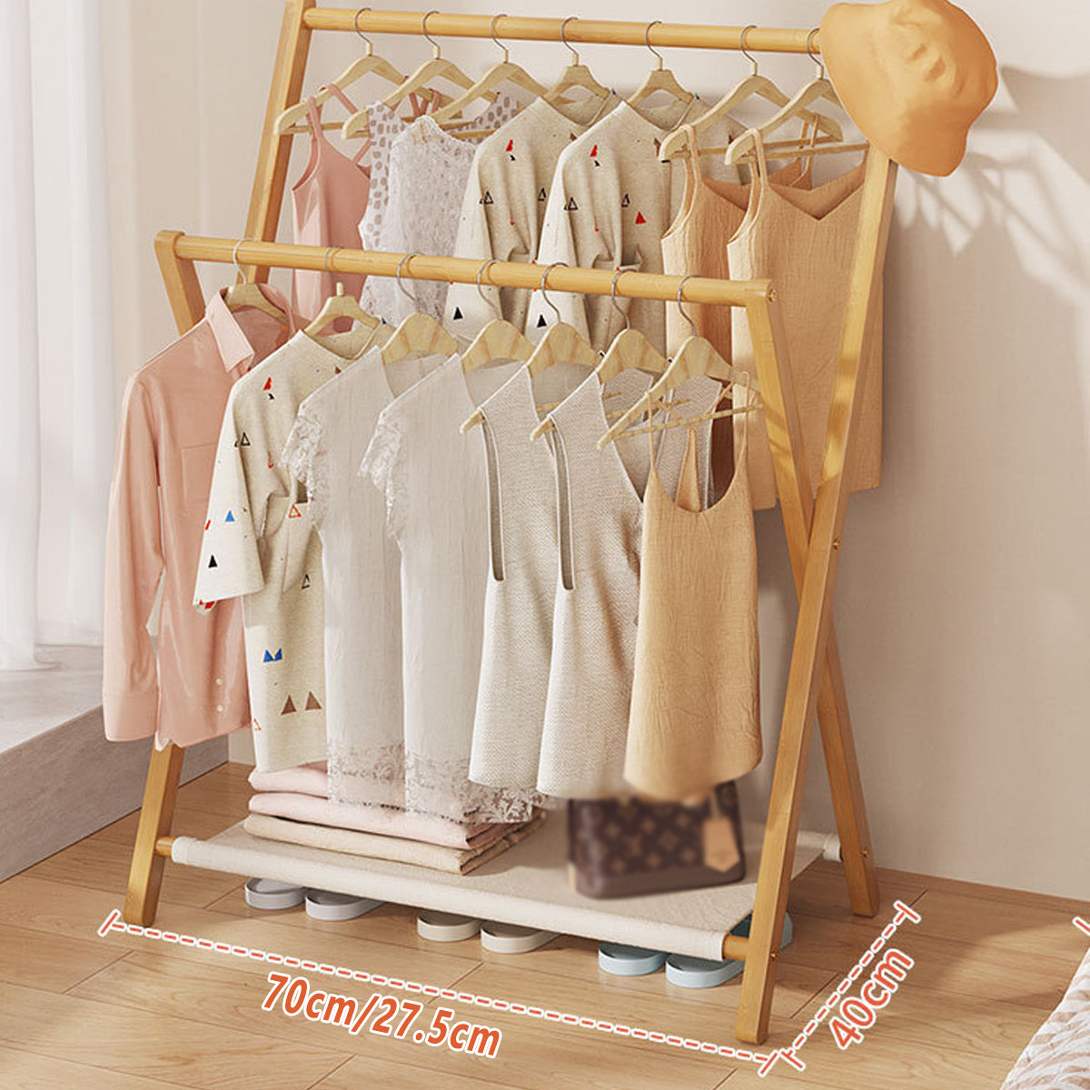 Foldable Bamboo Clothes Rack with Fabric Shelf