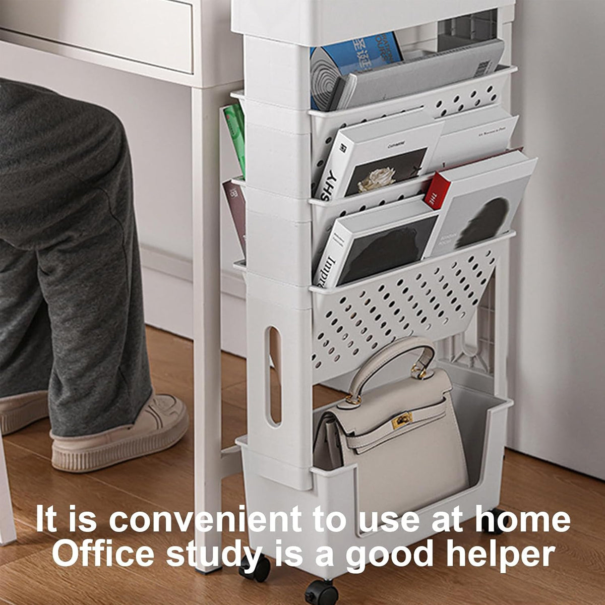 5 Tier Rolling Bookshelf Rack Movable Storage Organizer