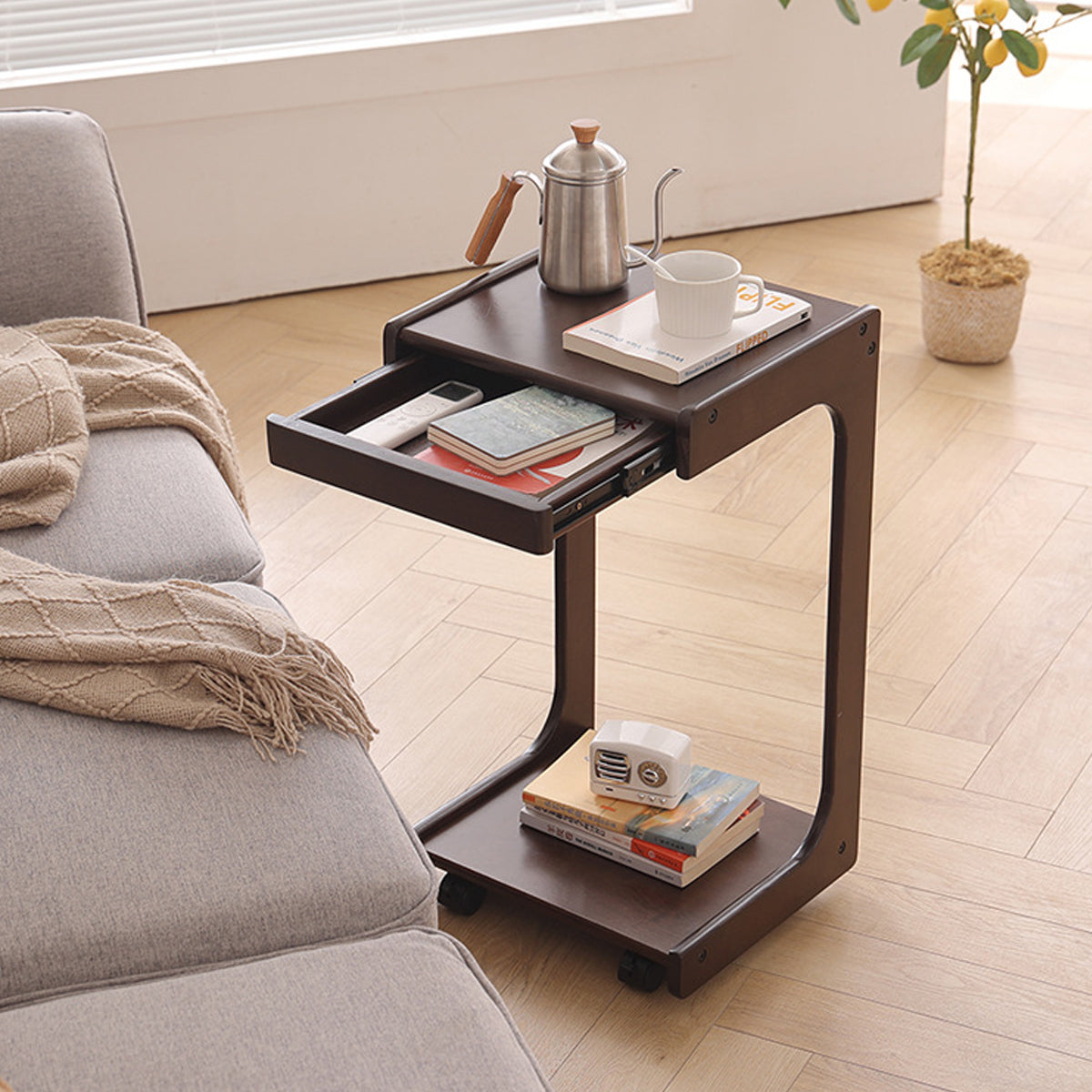 Solid Wood Rolling Coffee Table with Wheels 2-Tier Design