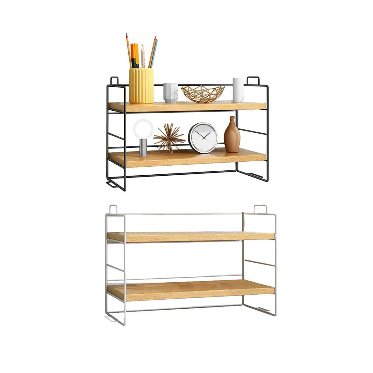 2-Tier Desktop Shelf Metal Frame and Wood Shelves