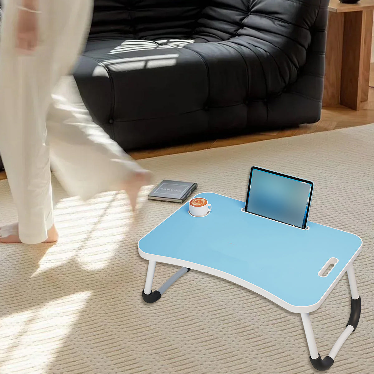 Foldable Bed Side Table with Cup Holder and Device Slot for Home Use