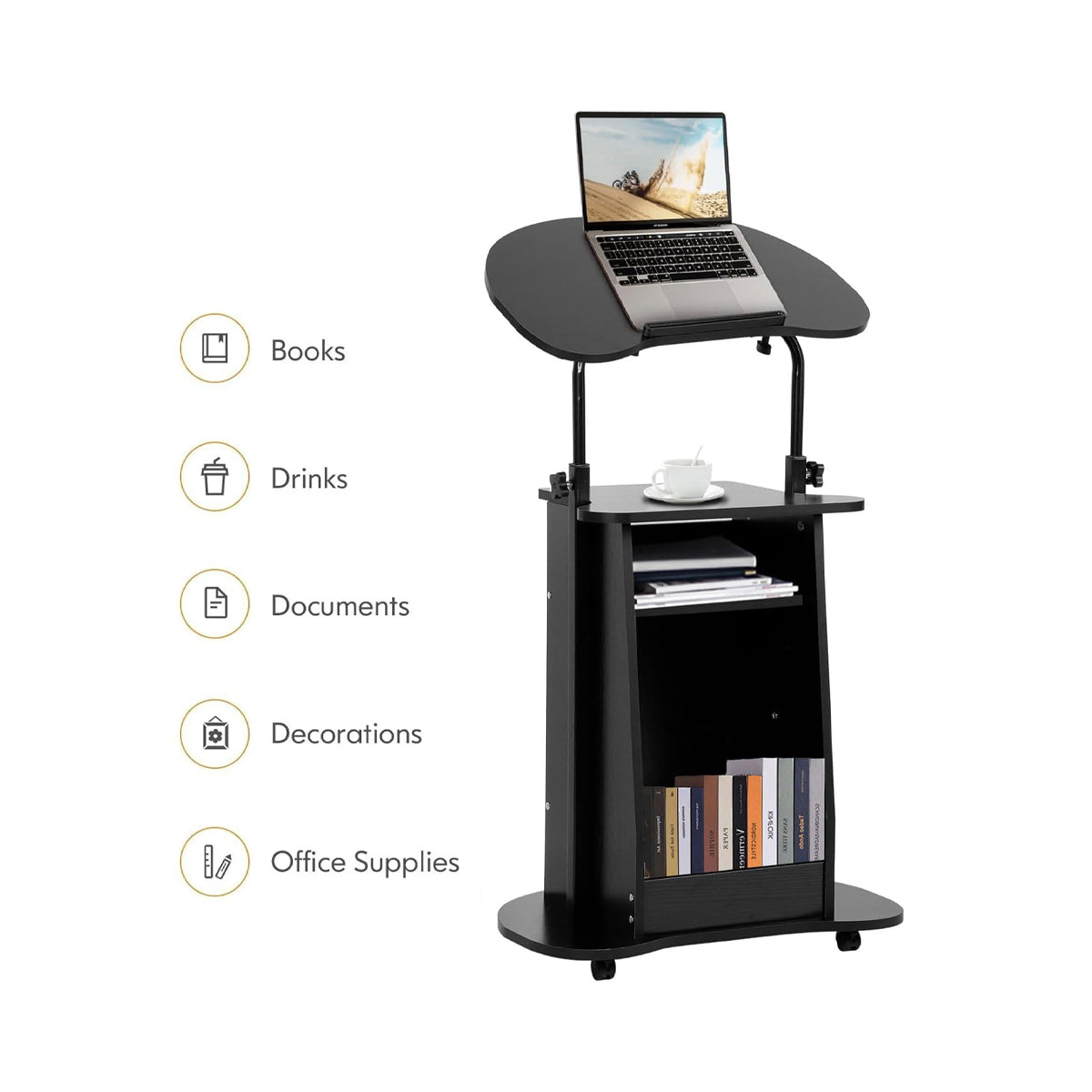 Mobile Adjustable Sofa Side Table with Tilting Desktop and Storage Layers