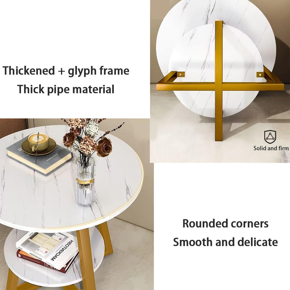 2 Tier Round Side Table White Marble Design Metal Frame