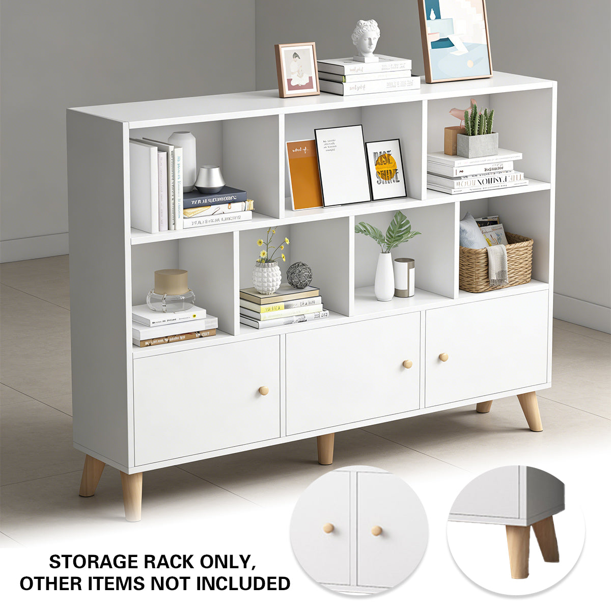 White Bookcase Storage Cabinet with Doors and Legs