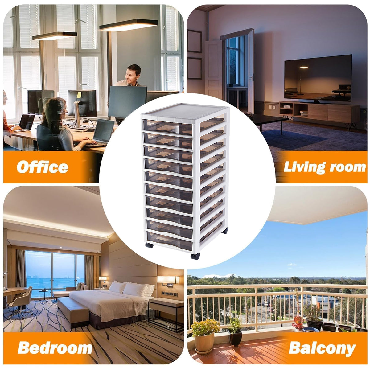 10-Layer Plastic Chest of Drawers with Wheels Transparent