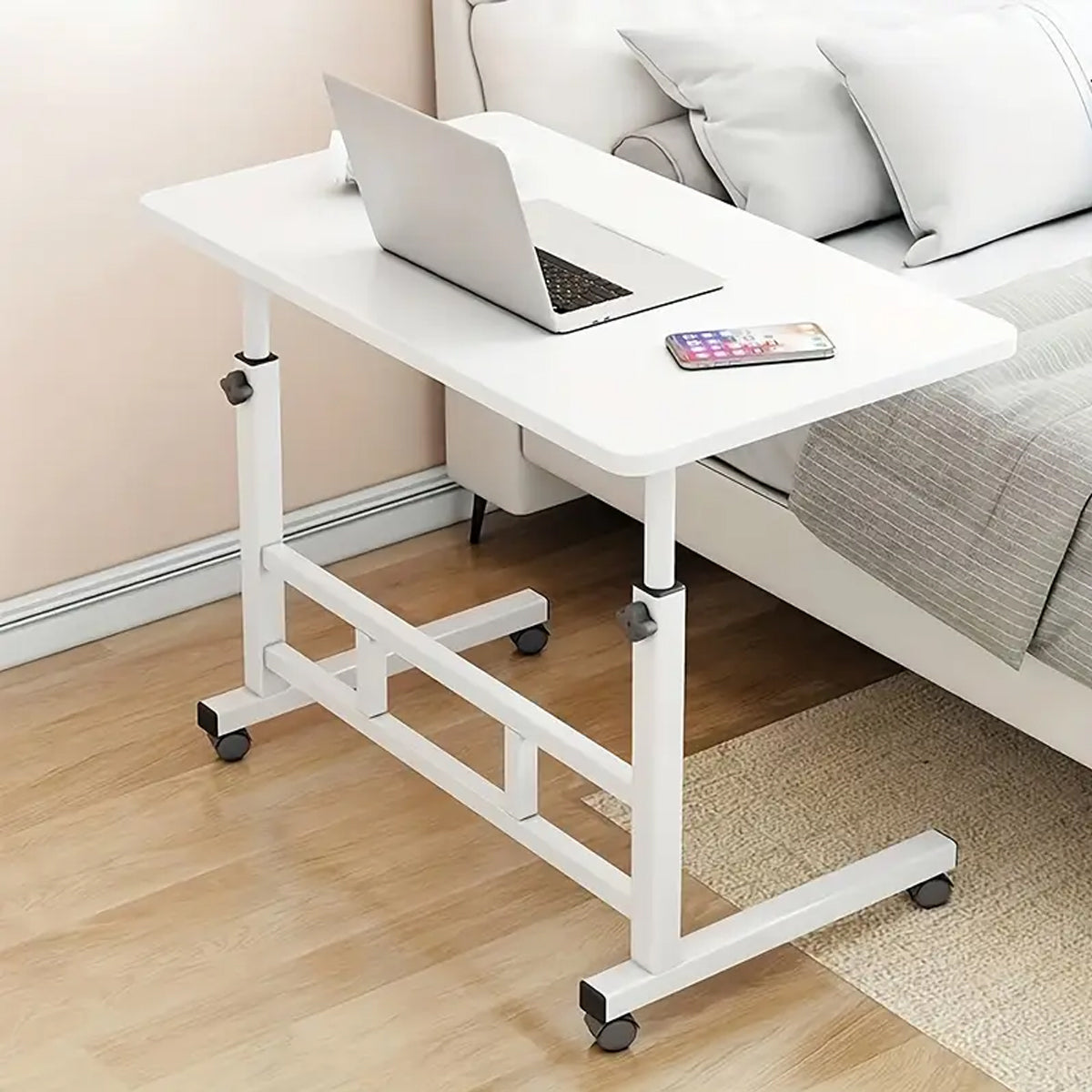 Movable Bedside Table Desk with Adjustable Height White