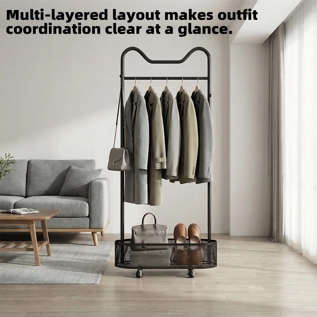 Moveable Clothes Rack with Wheels Basket and Hooks