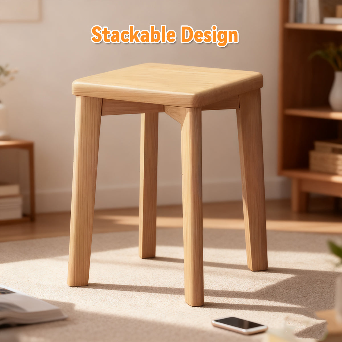 Solid Wood Square Stool for Dining Makeup Home