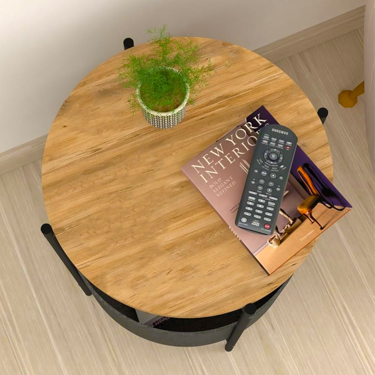 Round Side Table with Storage Basket for Breakroom and Living Room