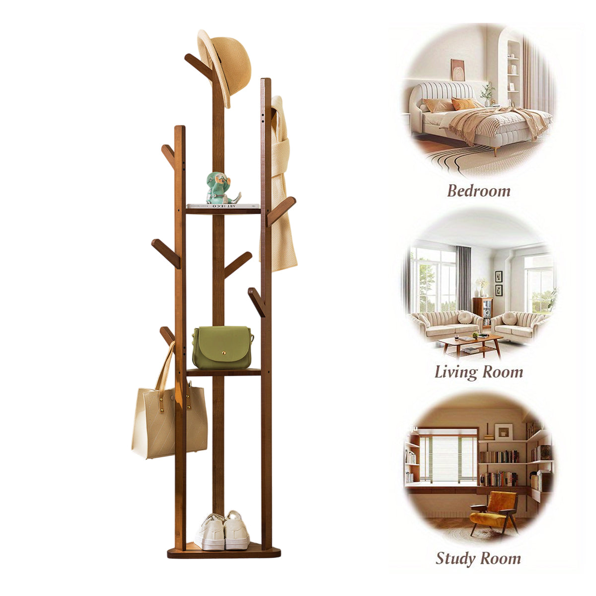 Bamboo Floor Standing Clothes Rack with 8 Hooks