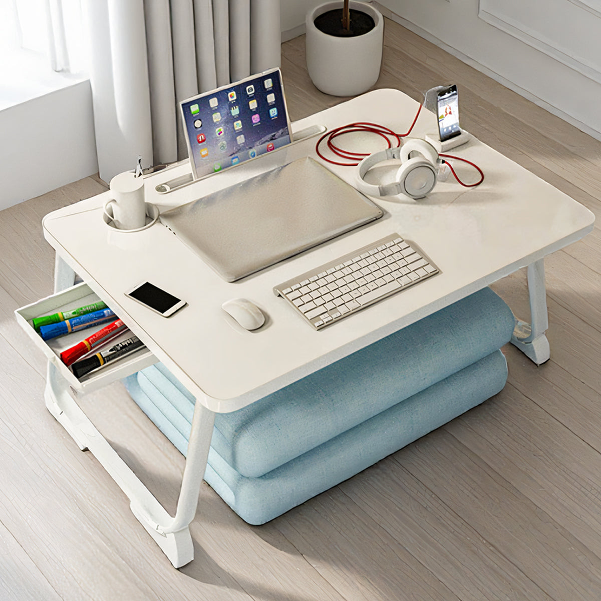 Folding Bed Desk Portable Floor Table with Drawer for Small Spaces