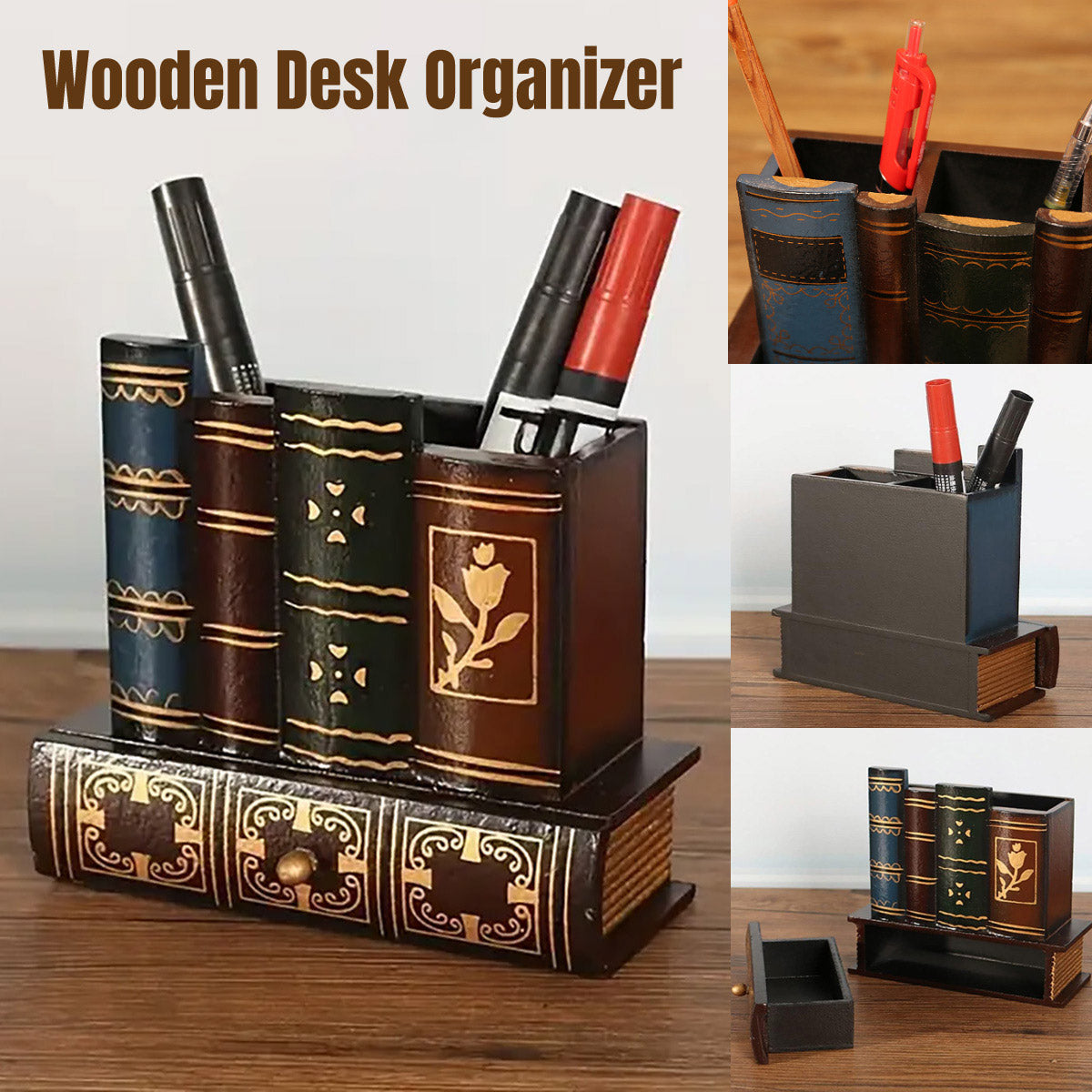 Pen Holder Vintage Book Design with Hidden Drawer Wood