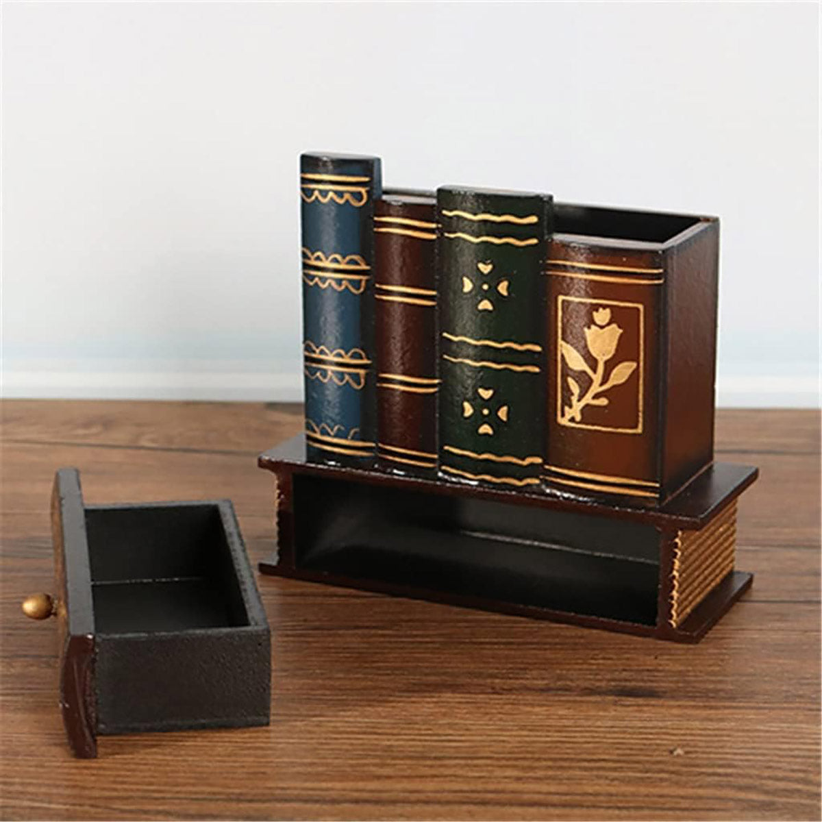 Pen Holder Vintage Book Design with Hidden Drawer Wood