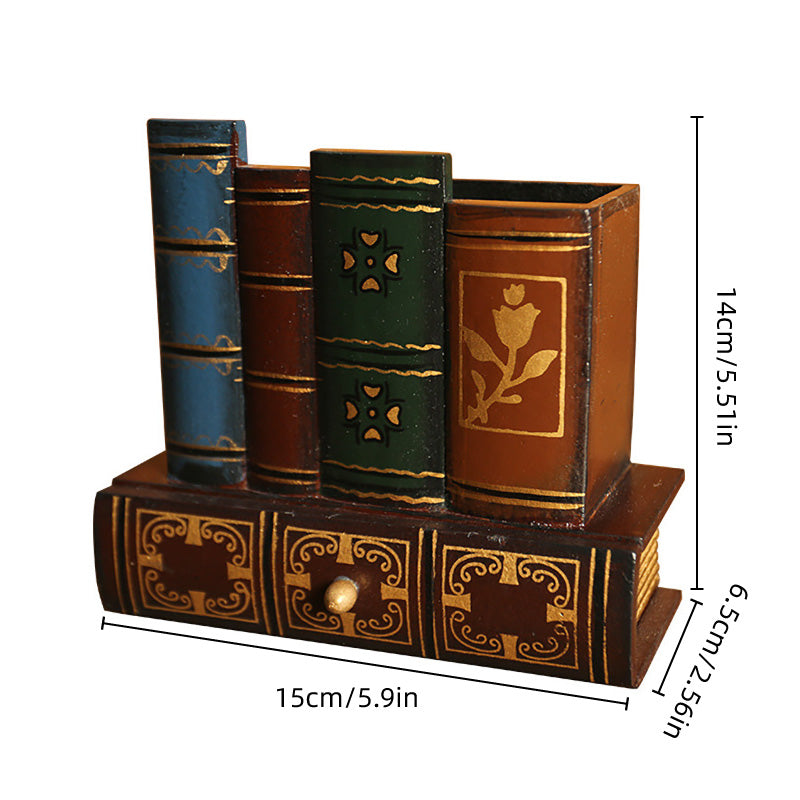 Pen Holder Vintage Book Design with Hidden Drawer Wood