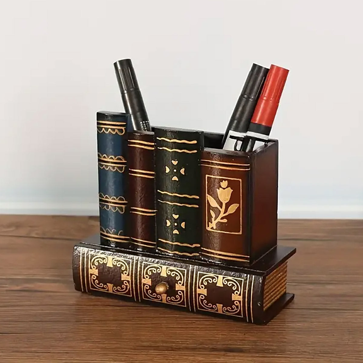 Pen Holder Vintage Book Design with Hidden Drawer Wood