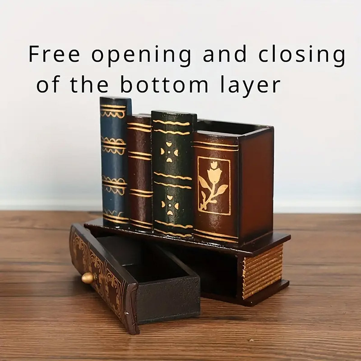 Pen Holder Vintage Book Design with Hidden Drawer Wood
