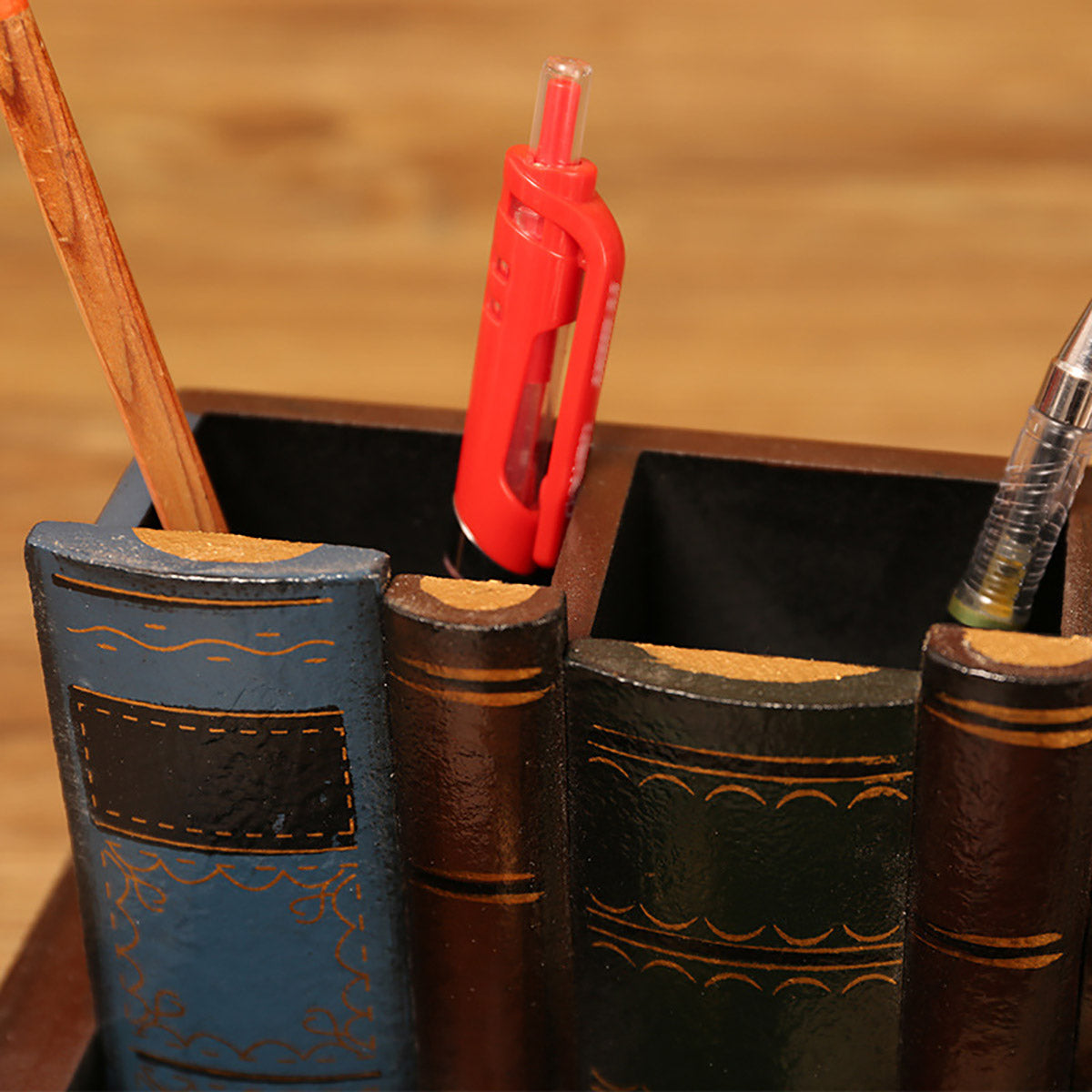 Pen Holder Vintage Book Design with Hidden Drawer Wood