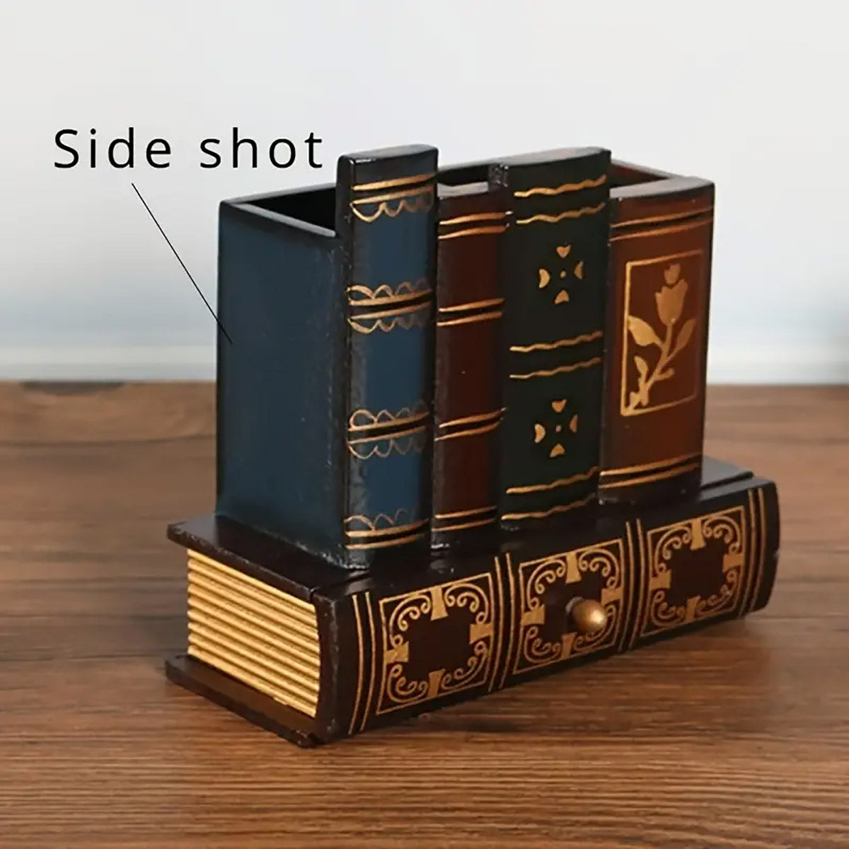Pen Holder Vintage Book Design with Hidden Drawer Wood