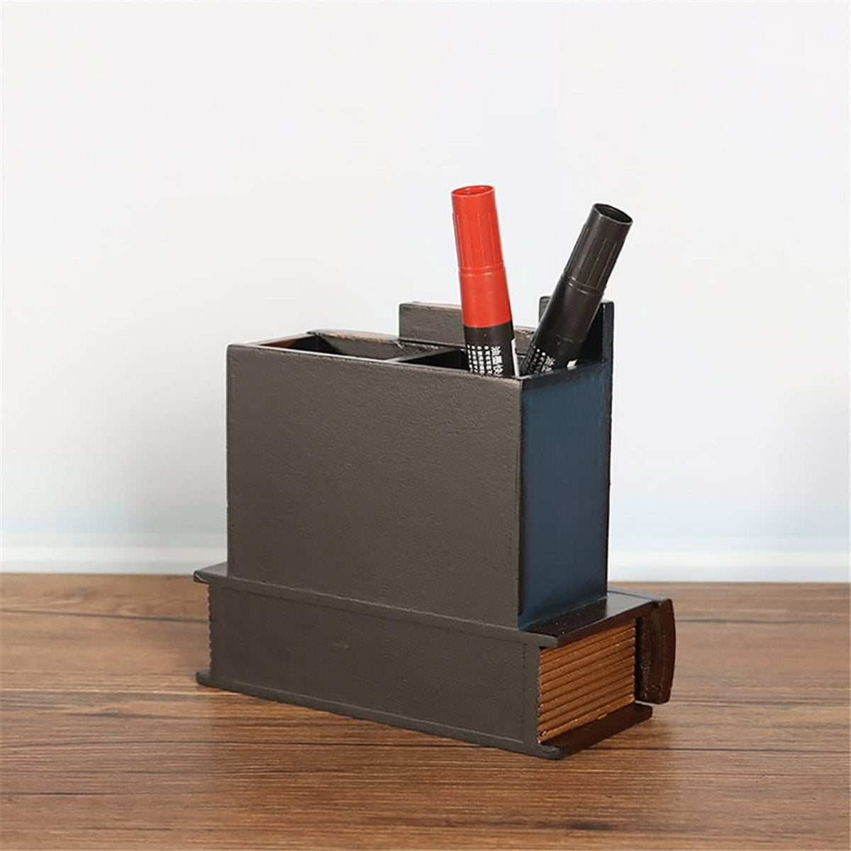 Pen Holder Vintage Book Design with Hidden Drawer Wood
