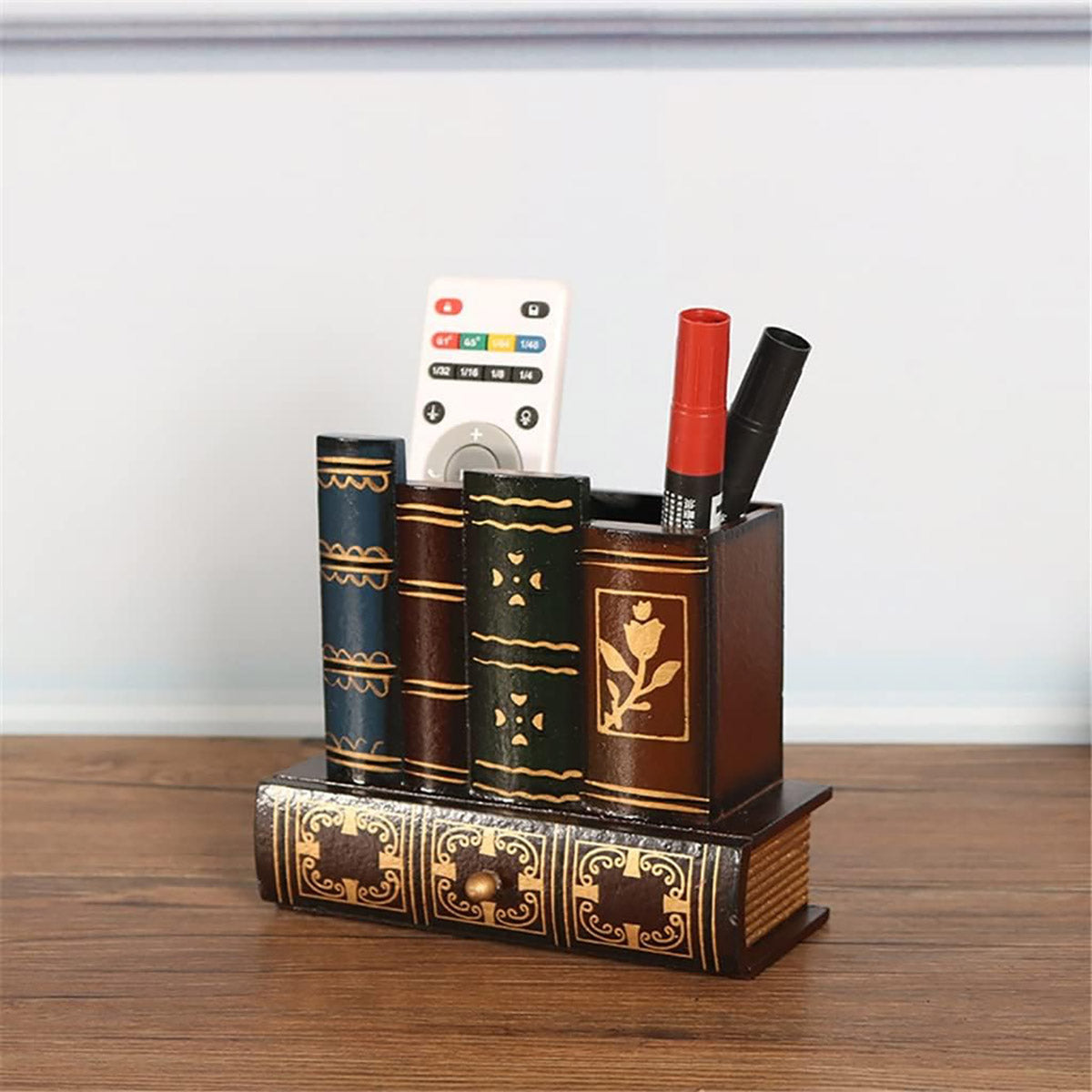 Pen Holder Vintage Book Design with Hidden Drawer Wood