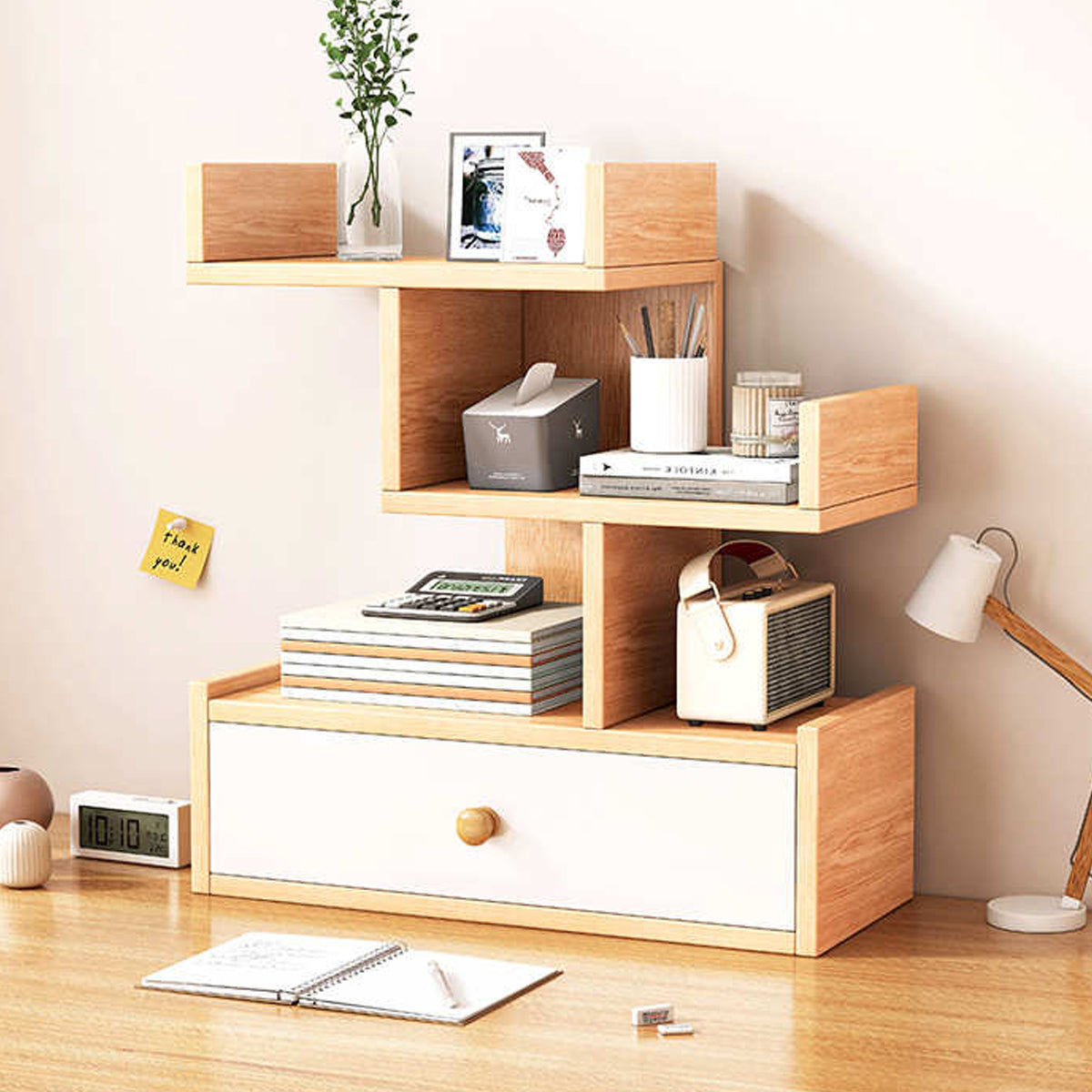 Multi Layer Wooden Desktop Shelf with Drawers Home Office Sturdy