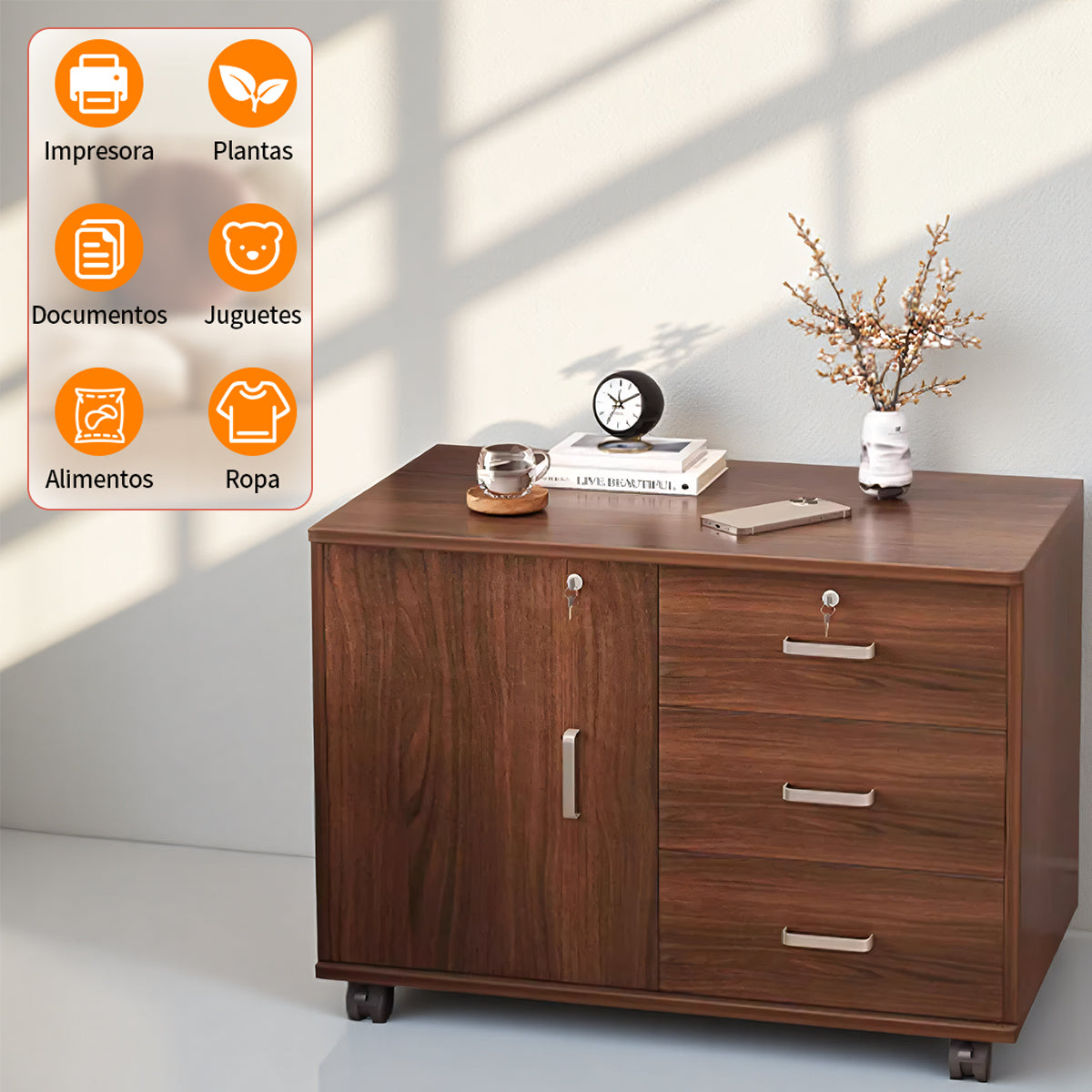 Lockable Movable Filing Cabinet with Wheels Large Capacity