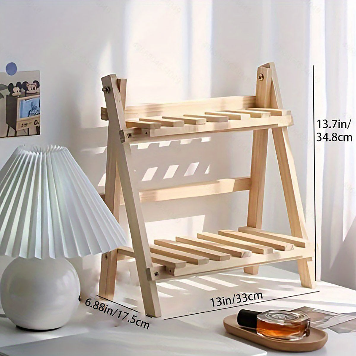 Double-Layer Wood Desktop Storage Rack Trapezoidal