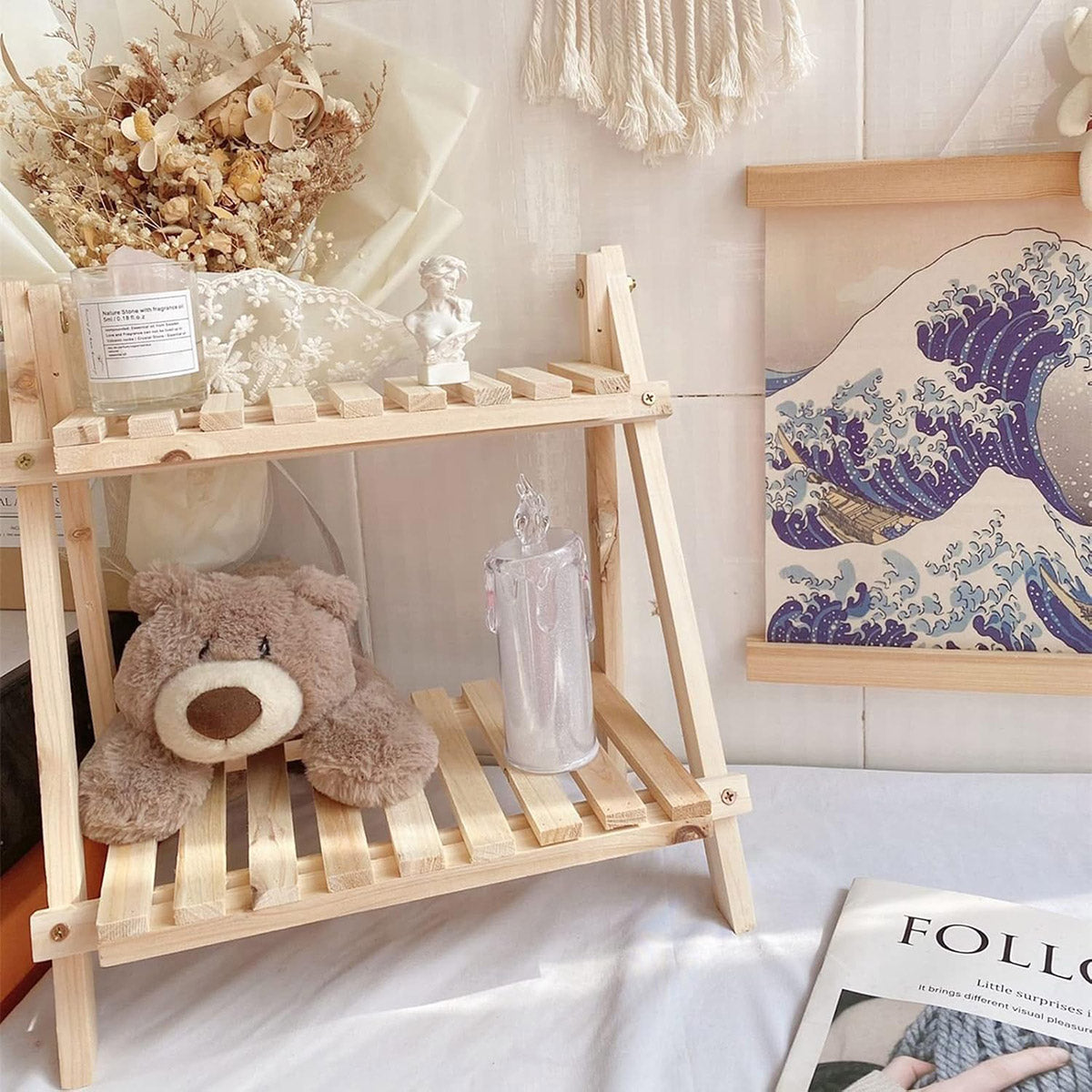 Double-Layer Wood Desktop Storage Rack Trapezoidal