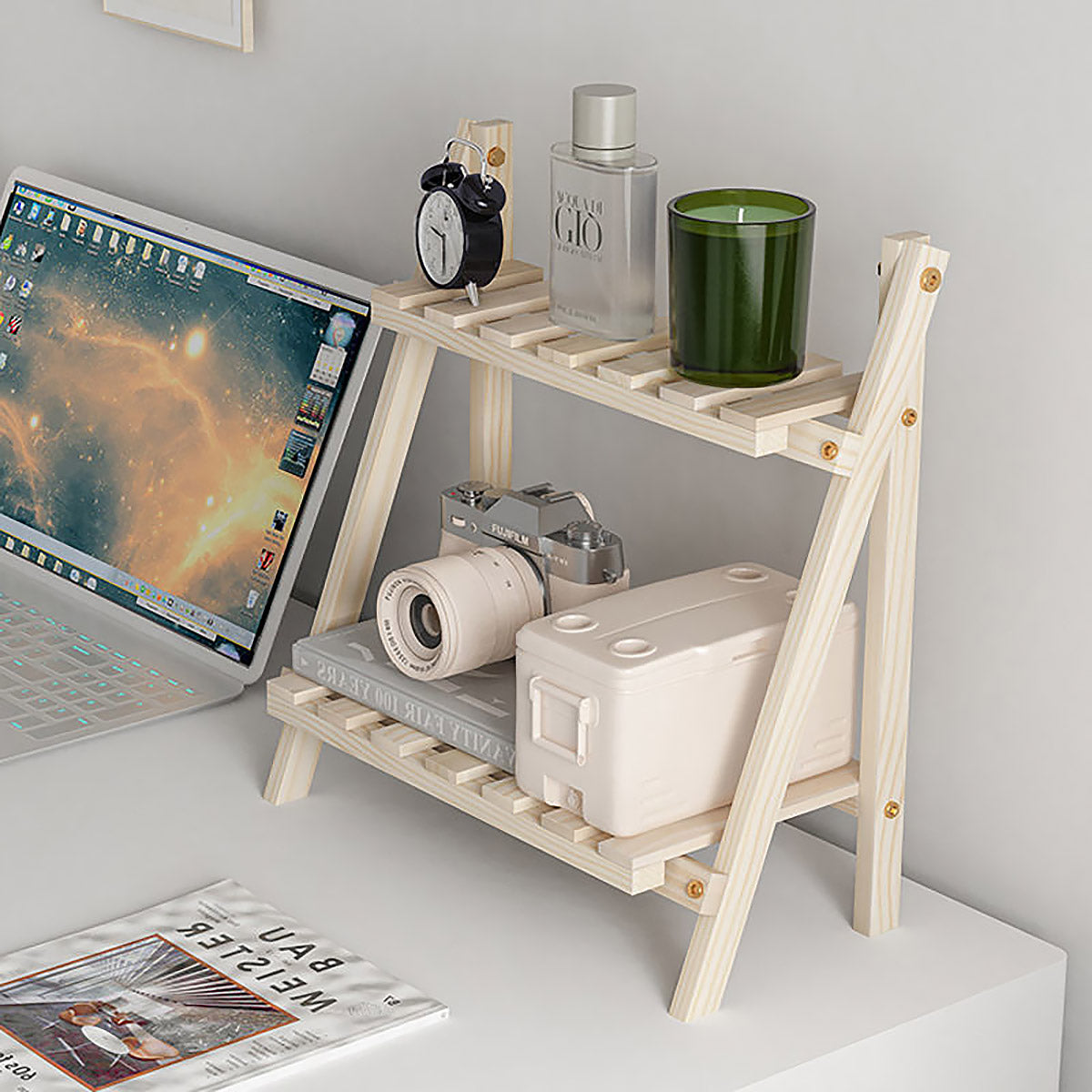 Double-Layer Wood Desktop Storage Rack Trapezoidal