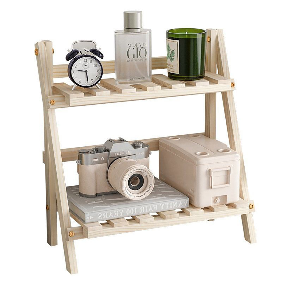 Double-Layer Wood Desktop Storage Rack Trapezoidal