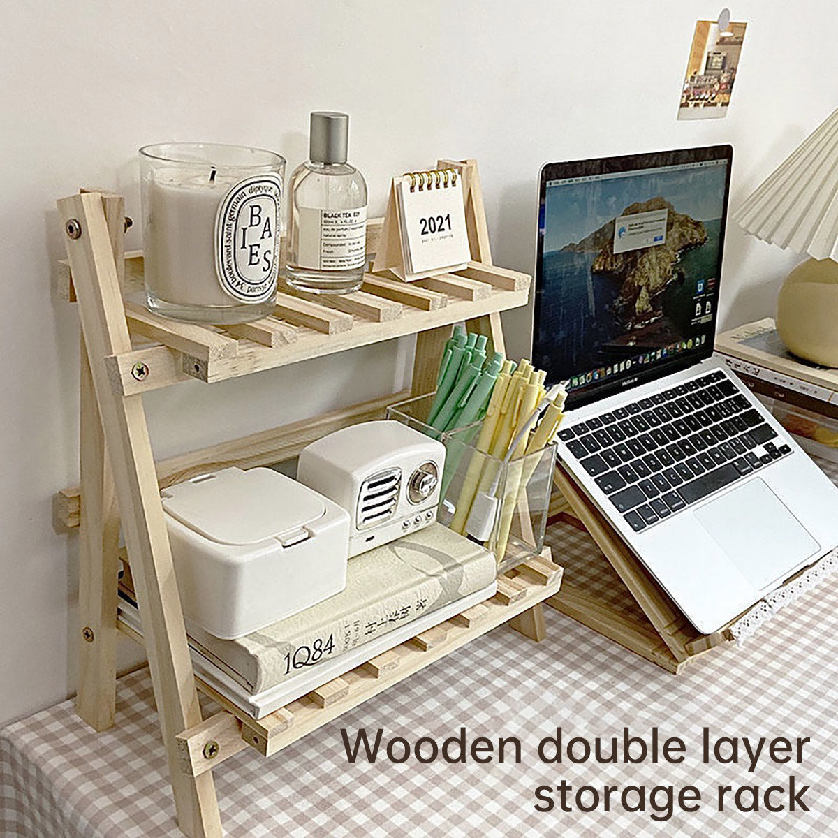 Double-Layer Wood Desktop Storage Rack Trapezoidal