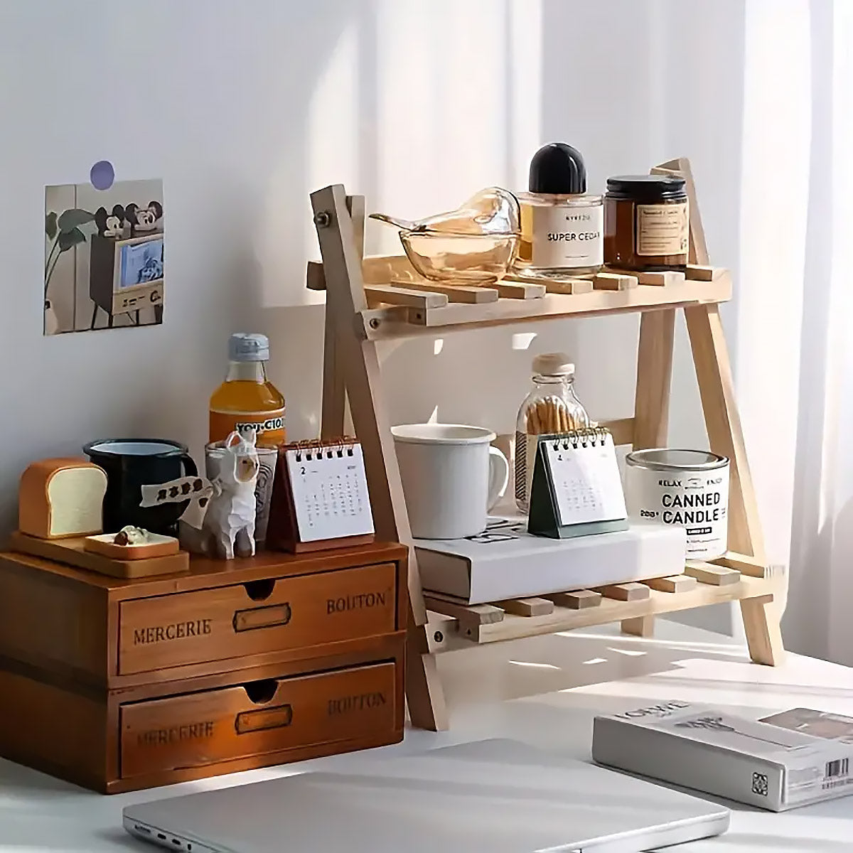Double-Layer Wood Desktop Storage Rack Trapezoidal