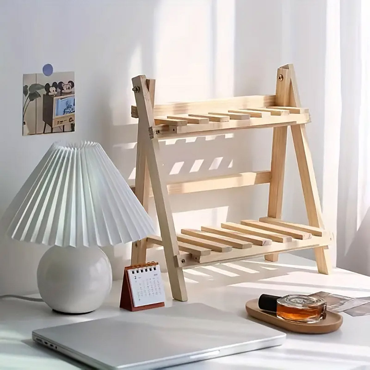 Double-Layer Wood Desktop Storage Rack Trapezoidal